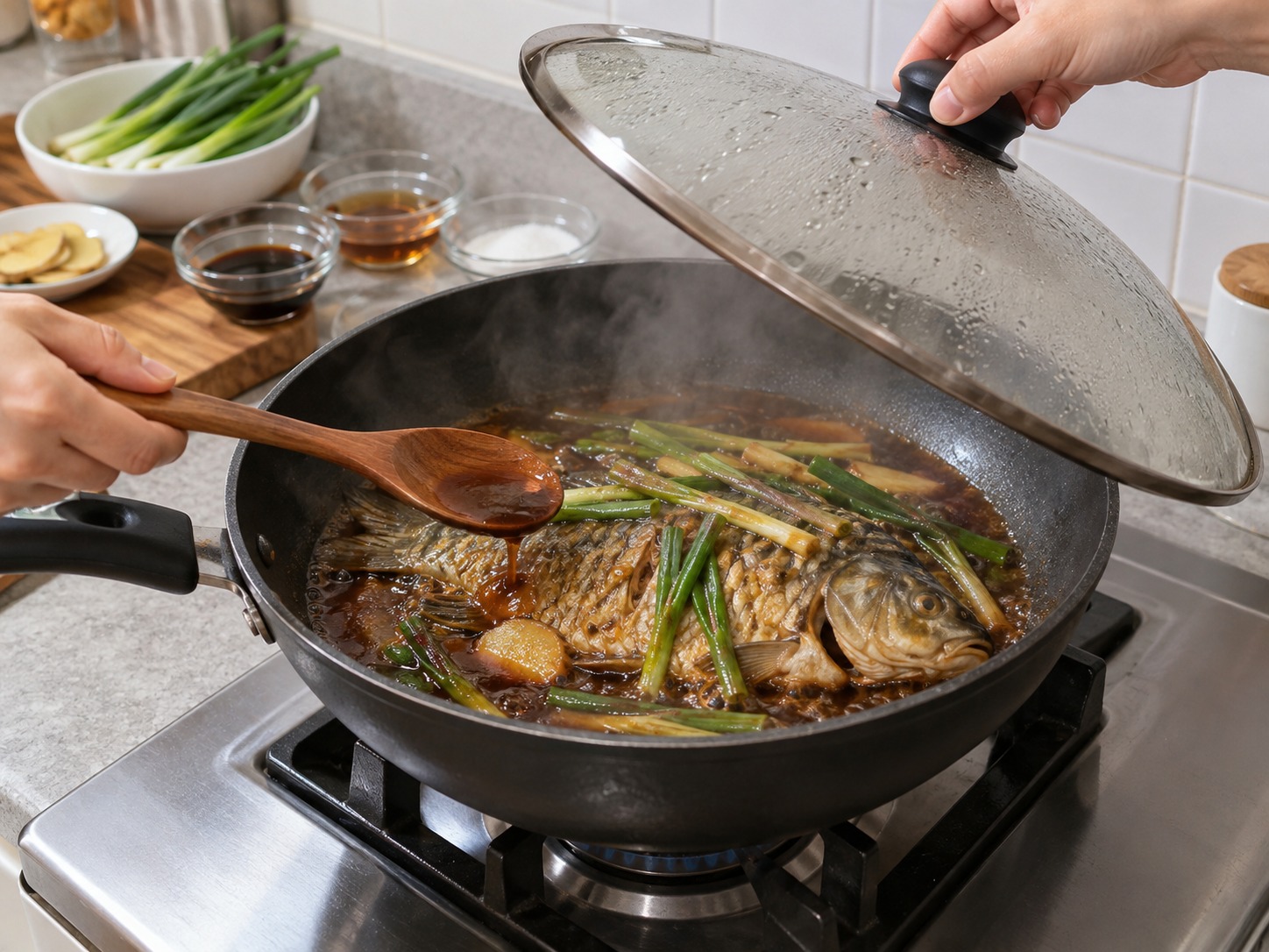 上海蔥烤鯽魚 — 加蓋以小火燜十五分鐘,中途把汁淋上魚面