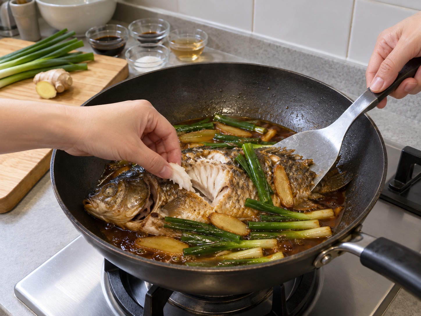 上海蔥烤鯽魚 — 確認魚肉最厚處熟透並容易離骨