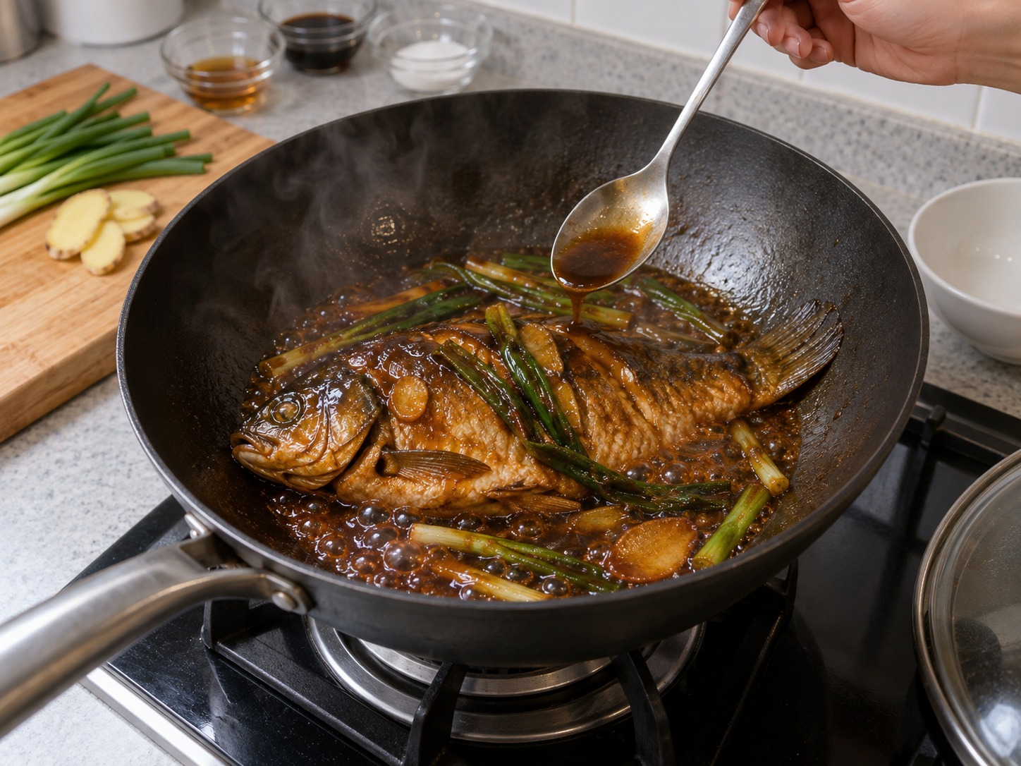 上海蔥烤鯽魚 — 開蓋收汁至濃亮,但保留足夠淋汁