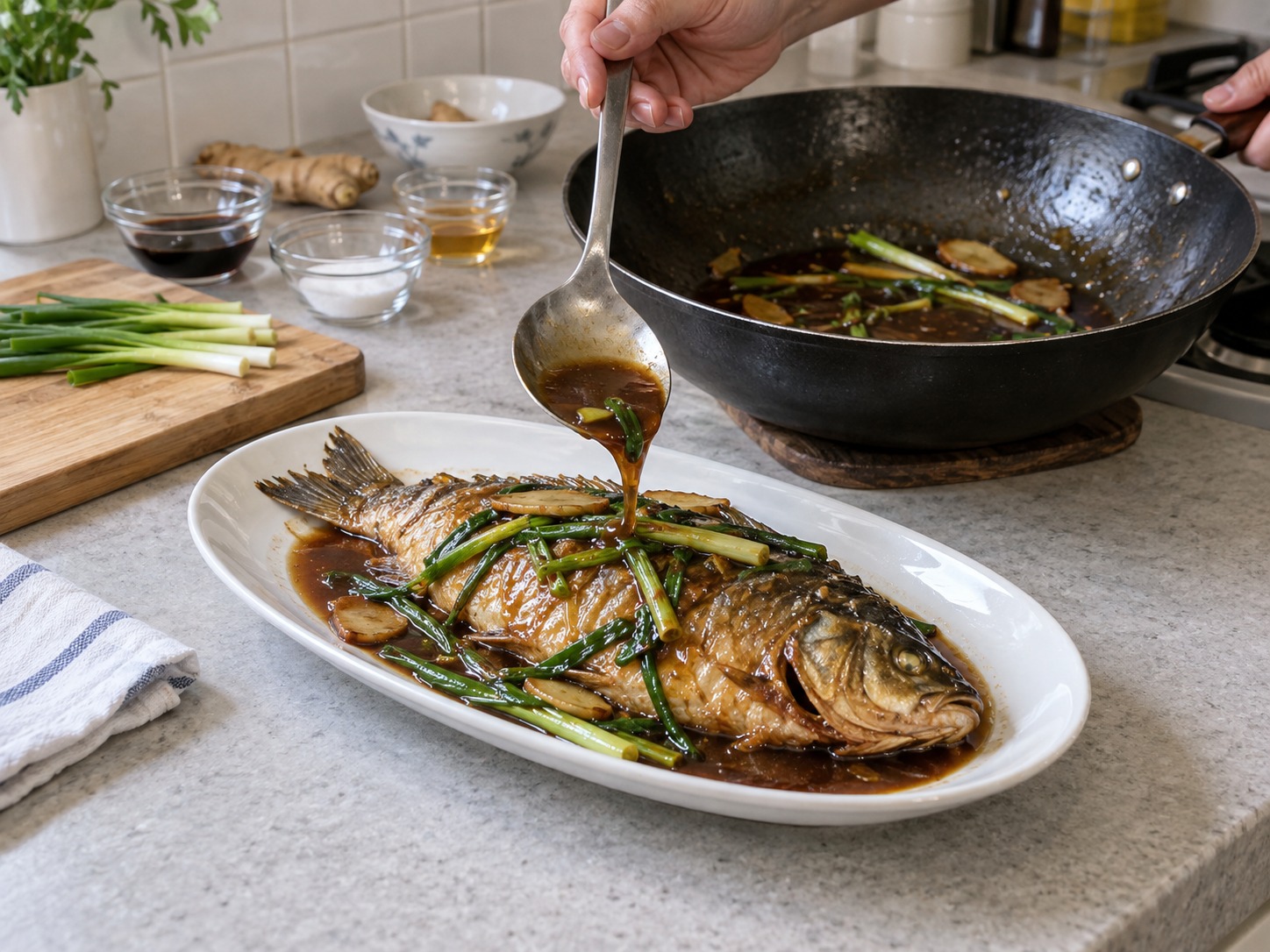 上海蔥烤鯽魚 — 整條魚連蔥段移到長碟,淋上燒汁