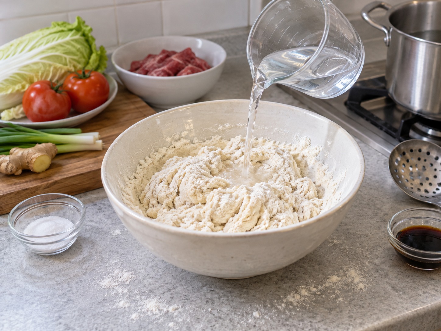 Shanxi Knife-cut Noodles — Add water gradually and mix into a rough dough