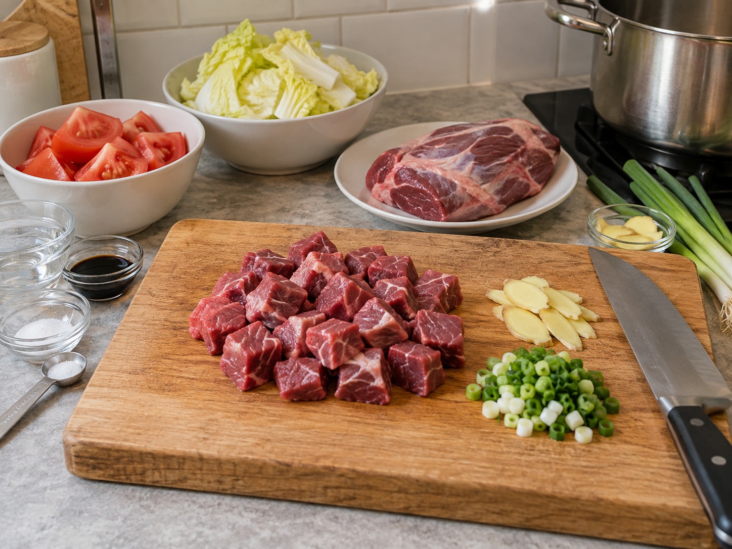 Shanxi Knife-cut Noodles — Dice the beef shank and prepare ginger and spring onion
