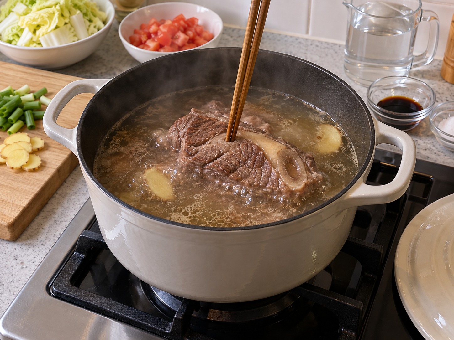 Shanxi Knife-cut Noodles — Simmer for ninety minutes until chopsticks pass easily through the beef shank