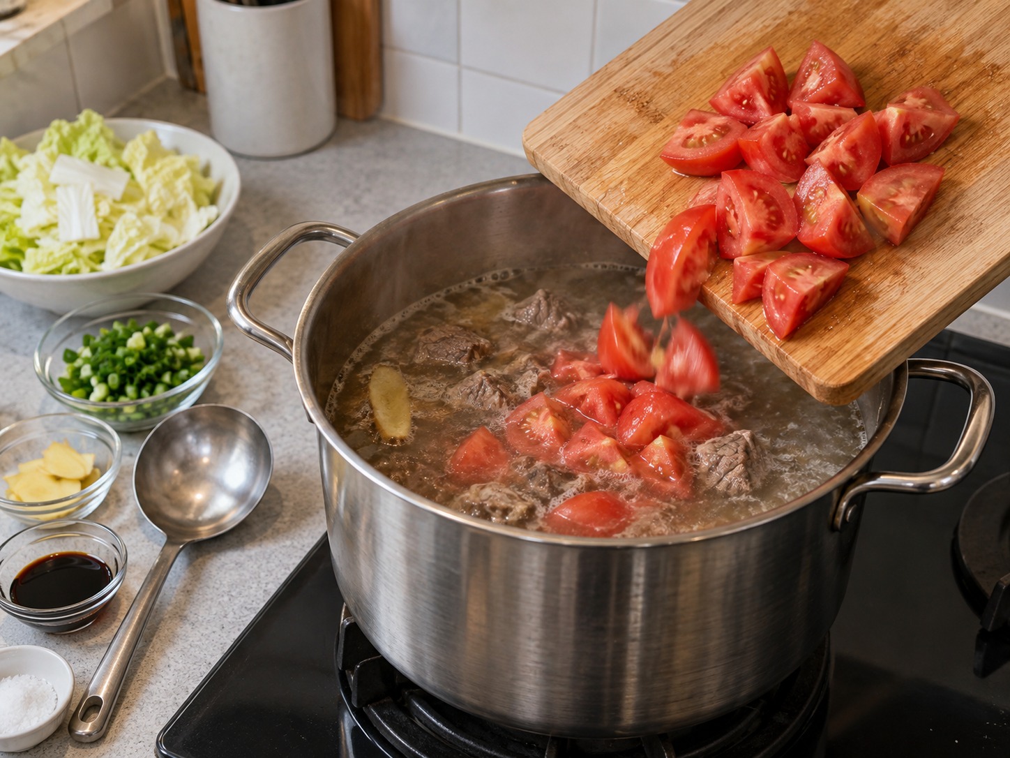Shanxi Knife-cut Noodles — Cut tomatoes and add them to the broth