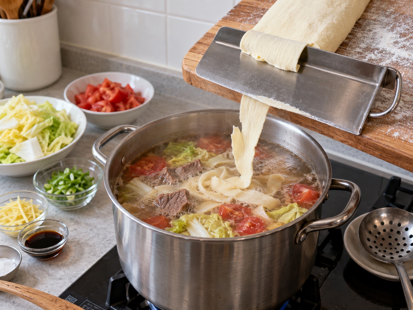 Shanxi Knife-cut Noodles — Wear a cut-resistant glove and use a shaving knife with the blade facing away to shave dough into the boiling broth
