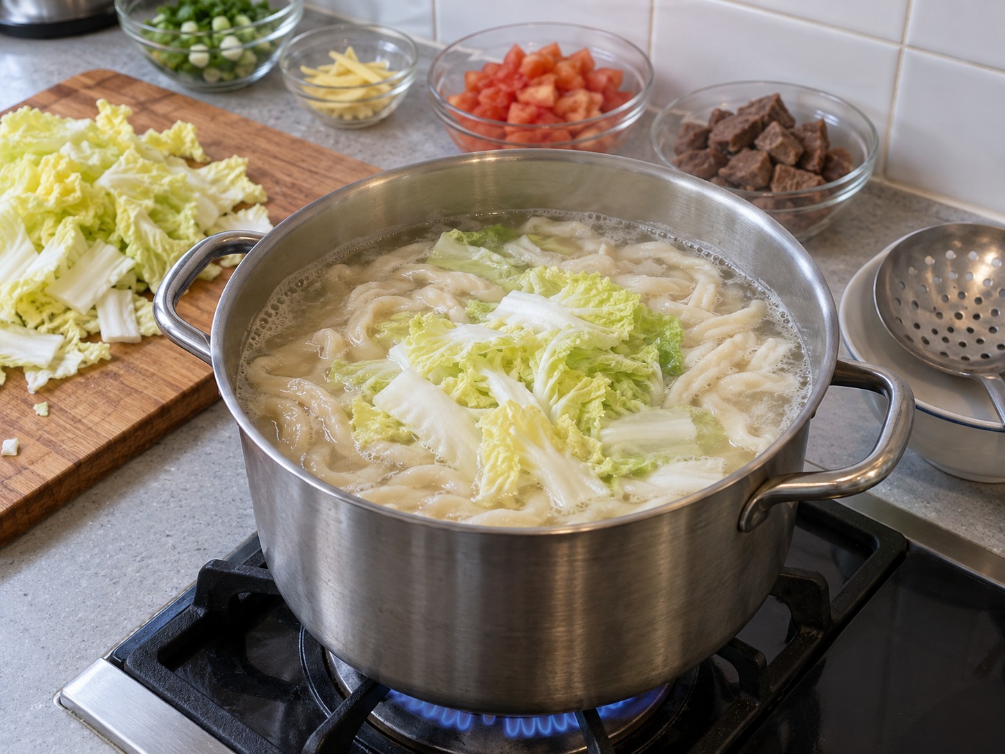 Shanxi Knife-cut Noodles — When the noodles float, add cabbage and cook for two more minutes