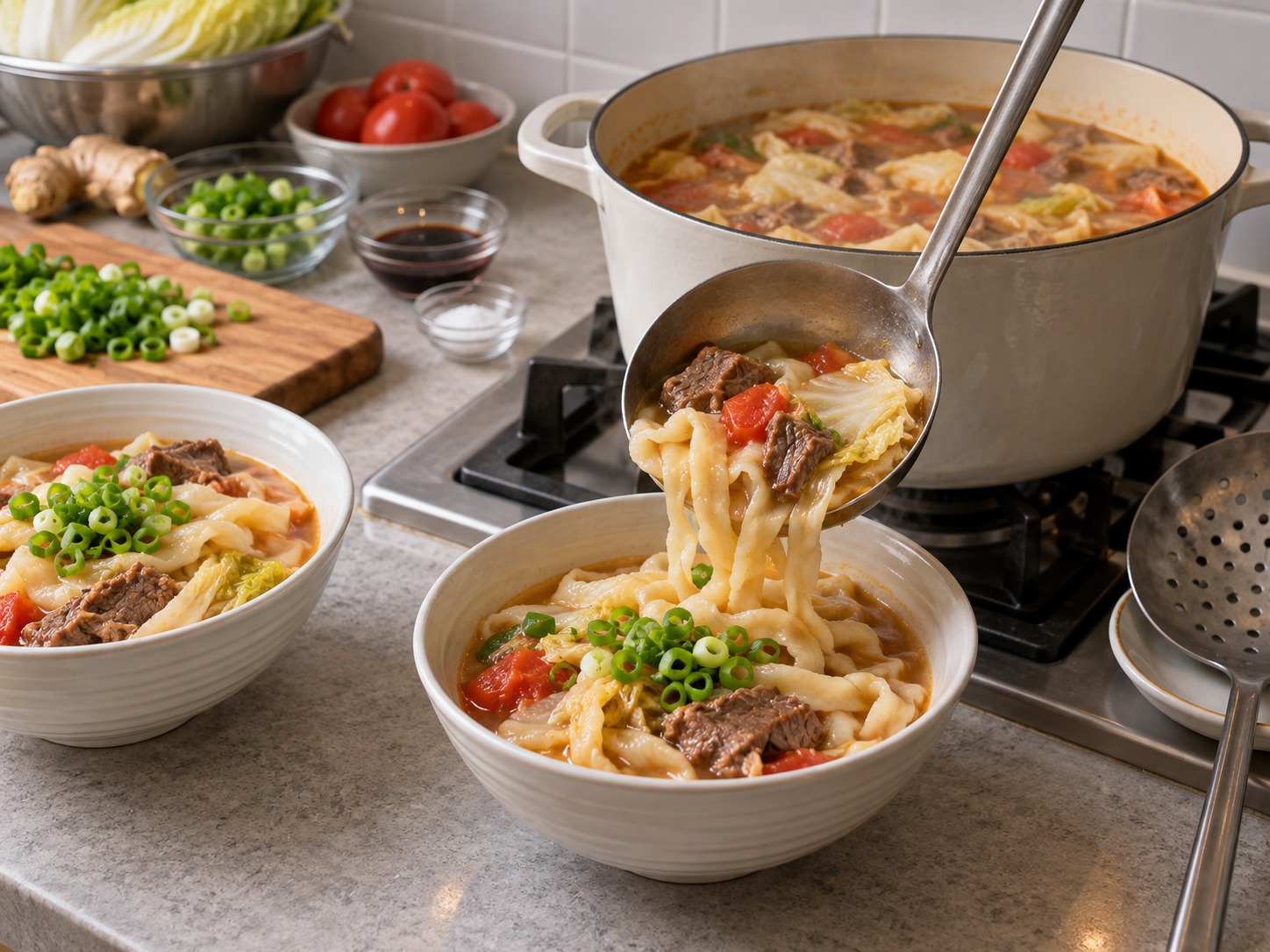Shanxi Knife-cut Noodles — Add spring onion and ladle into bowls while hot