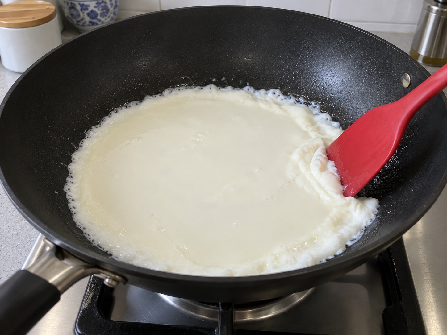 Susu Goreng Shunde dengan Udang — 9. Tuang ke dalam campuran susu dan dorong perlahan tepi pengaturan 