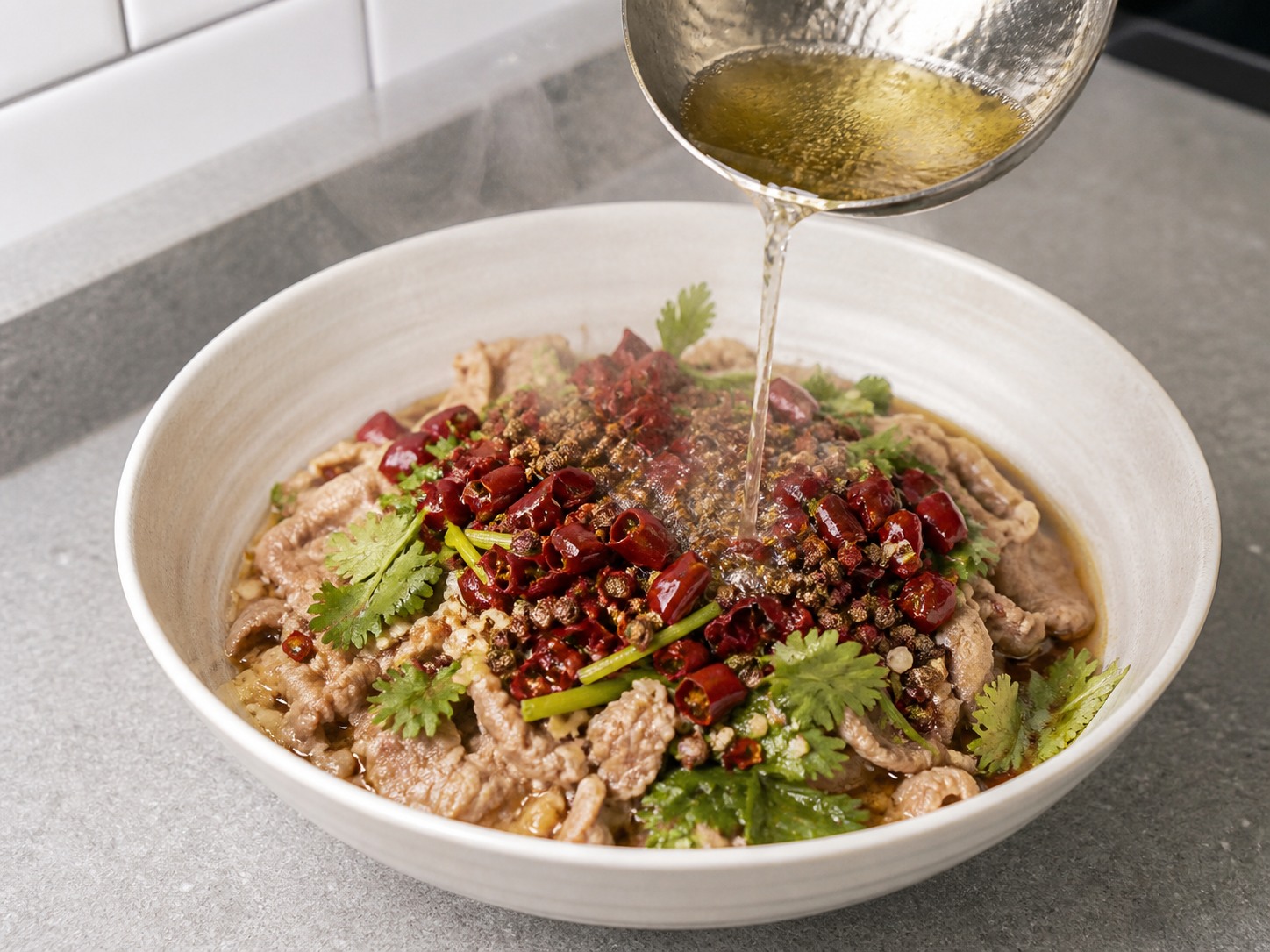 四川水煮牛肉：淋熱油完成
