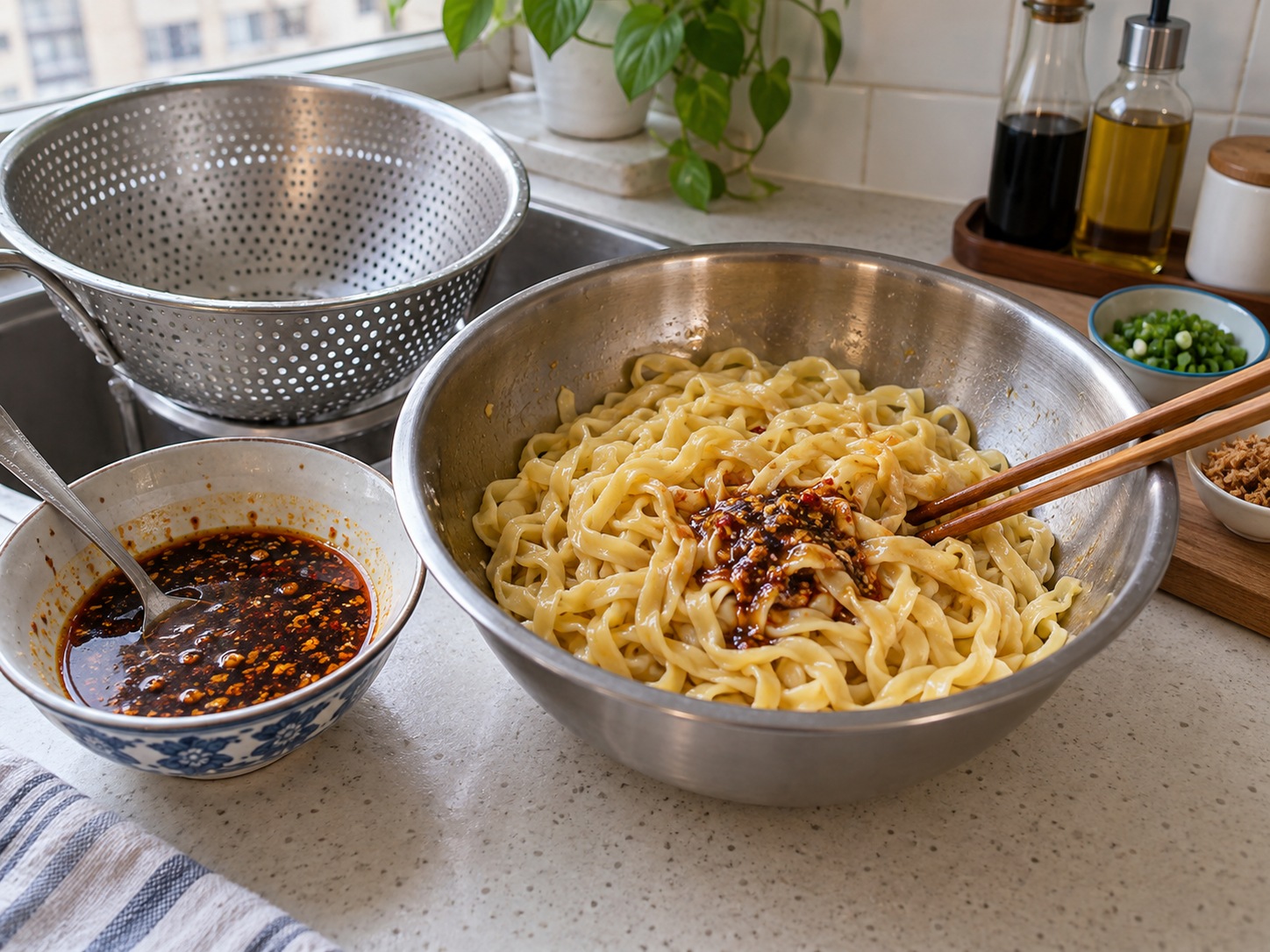 新加坡肉脞麵 Bak Chor Mee — 麵條徹底瀝水後立即放入酸辣撈麵汁翻勻