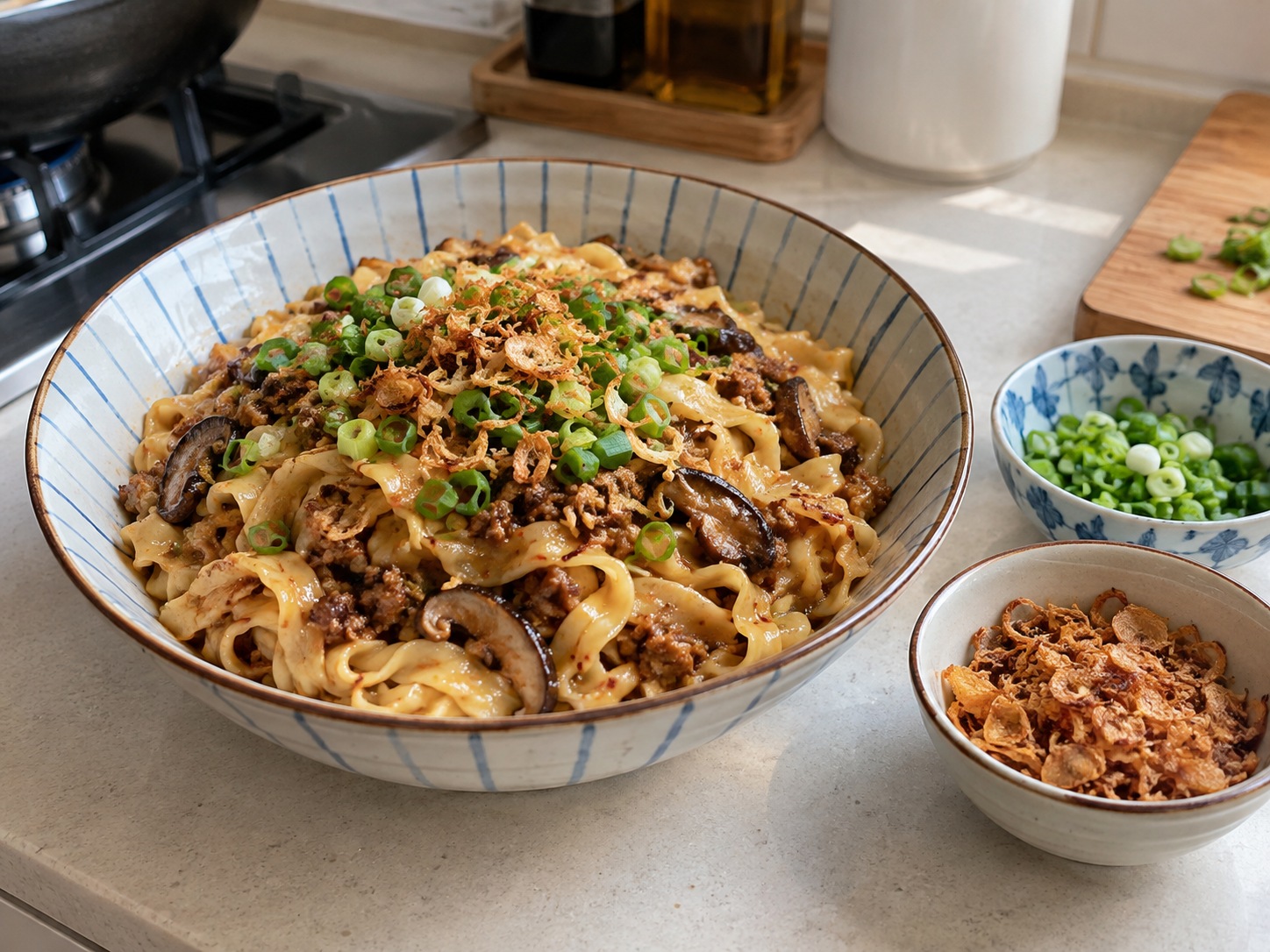 新加坡肉脞麵 Bak Chor Mee — 上碟撒蔥花和炸紅蔥頭