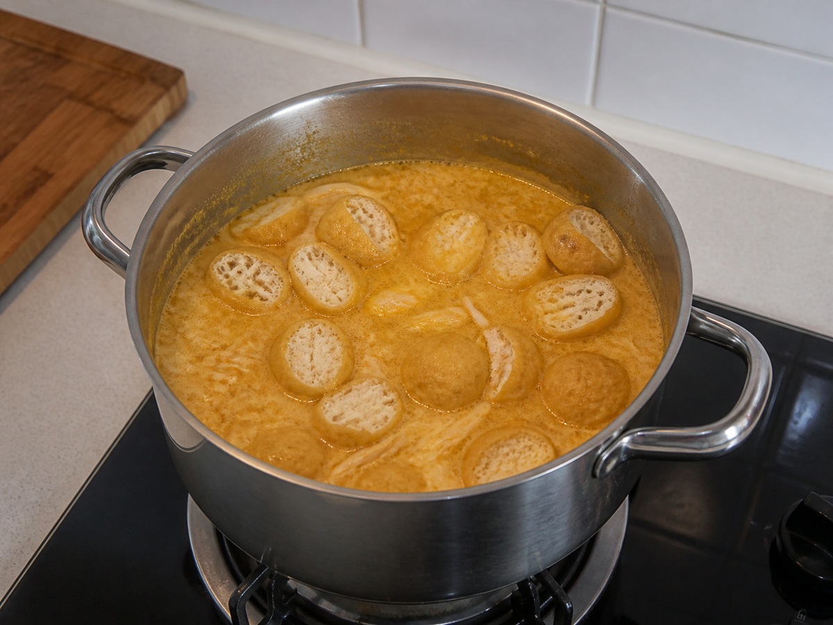 Laksa Kari Singapura dengan Ayam dan Udang: Masukkan tahu goreng