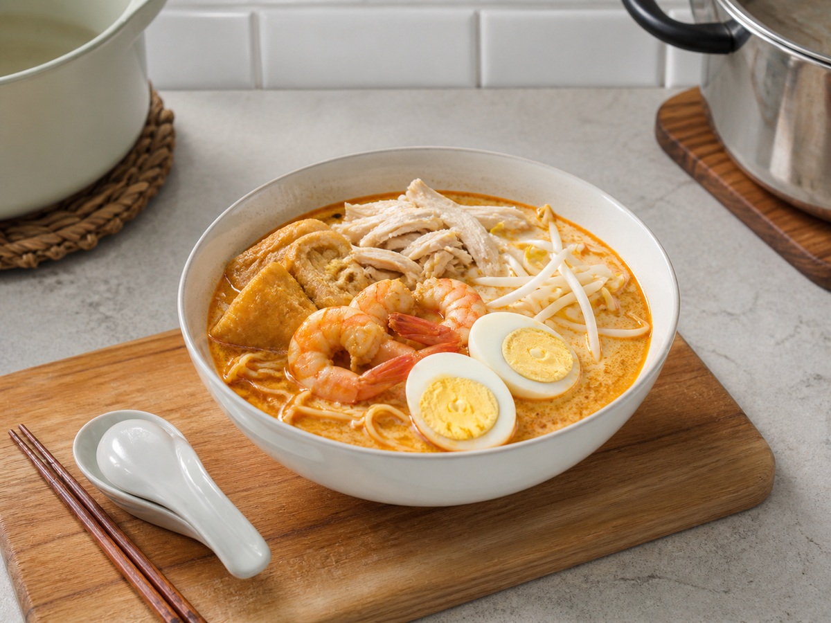 Laksa Kari Singapura dengan Ayam dan Udang: Rakit dan sajikan