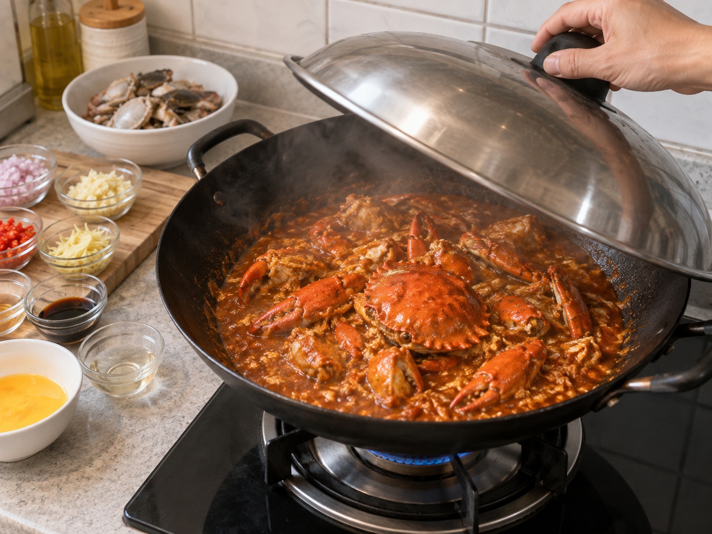 Kepiting Cabai Singapura — Tutup dan masak