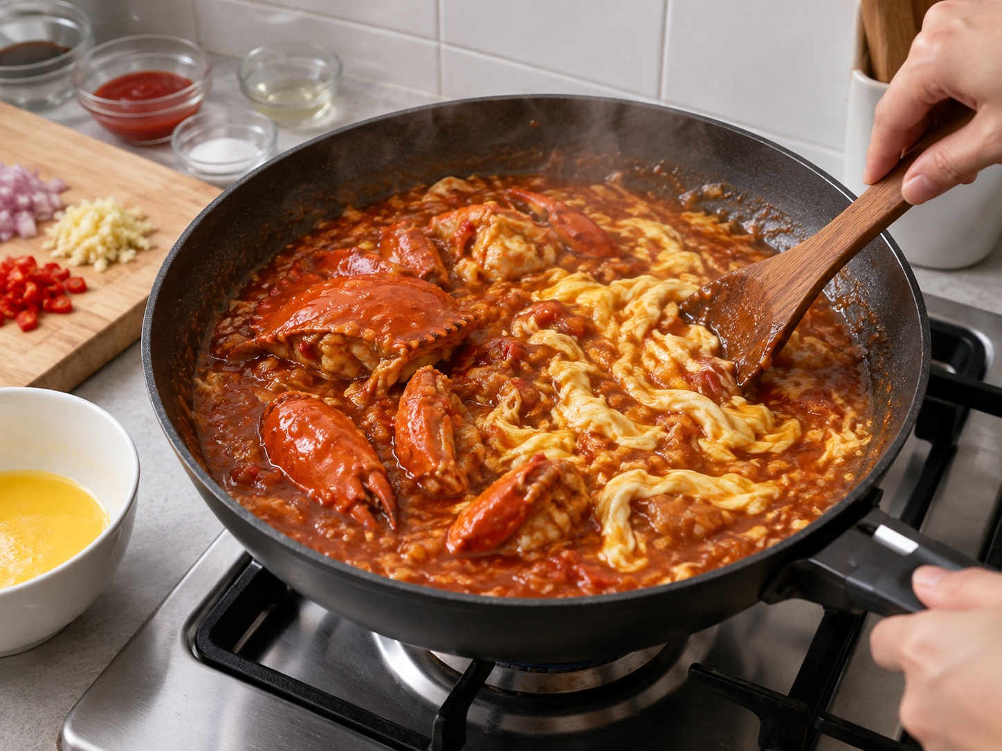 Kepiting Cabai Singapura — Tambahkan telur