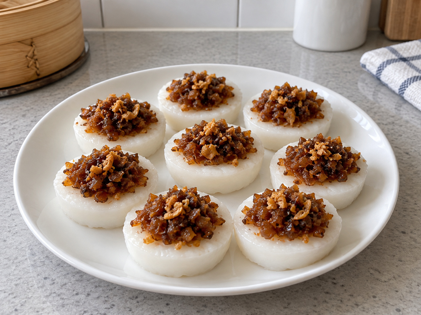 Singapore Chwee Kueh na may Preserved Radish — natapos na ulam