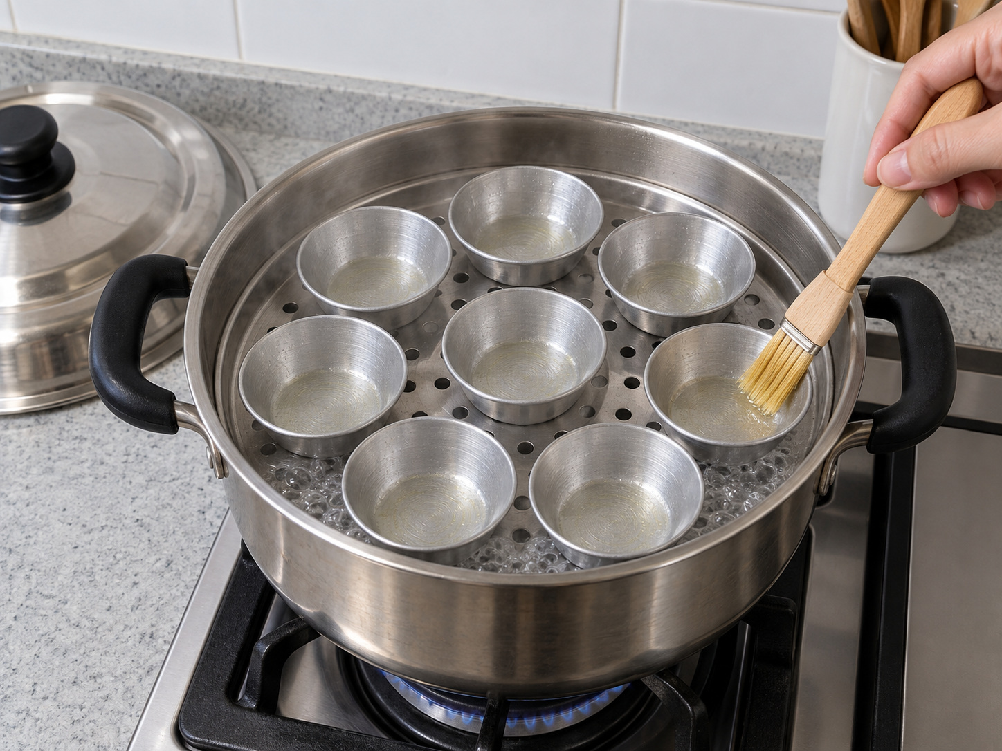 Singapore Chwee Kueh na may Preserved Radish — 5. Pakuluin nang malakas ang steamer