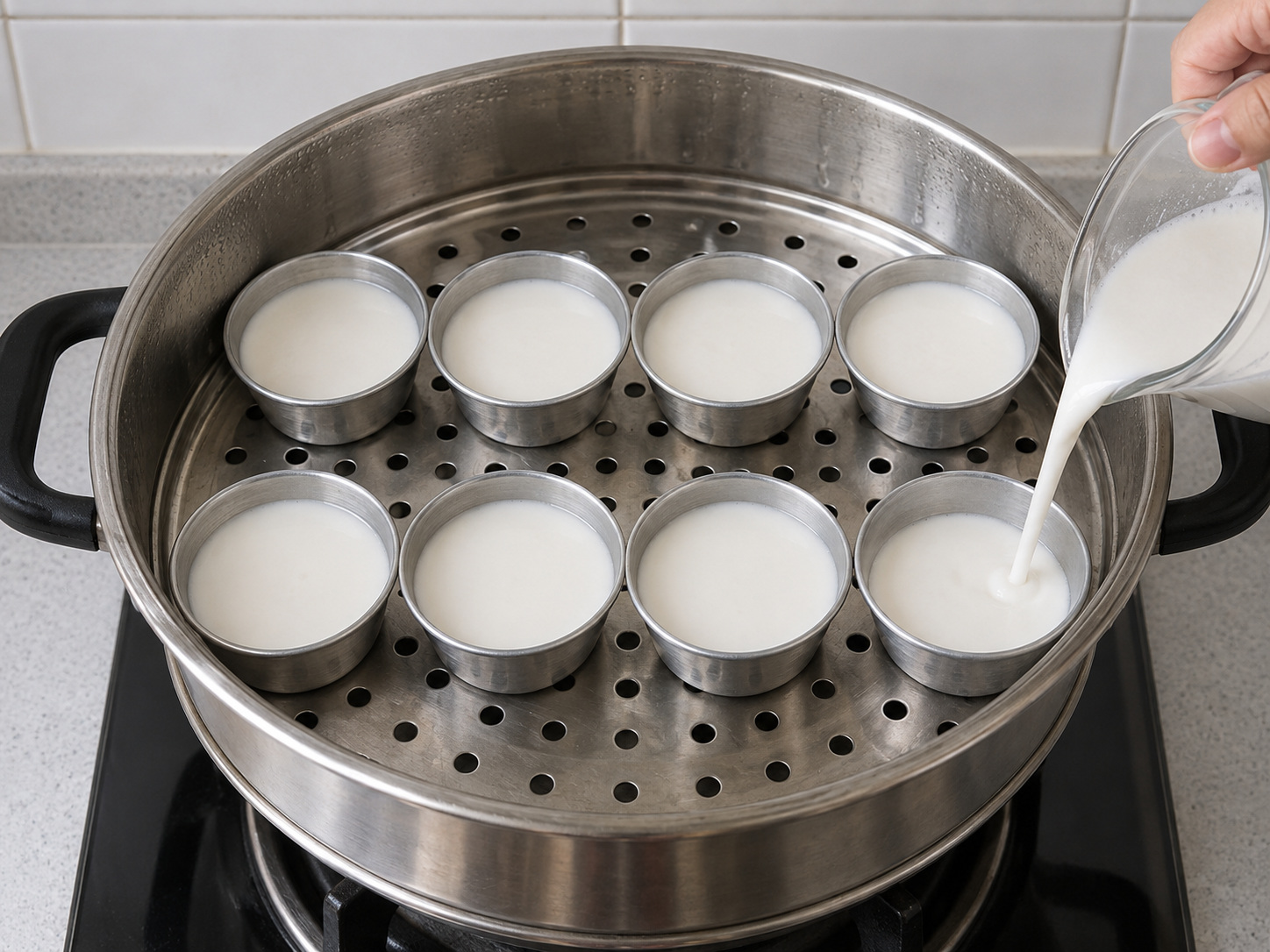 Singapore Chwee Kueh na may Preserved Radish — 6. Haluin muli ang batter at punuin ang mainit na hulmahan hanggang apat-na-lima