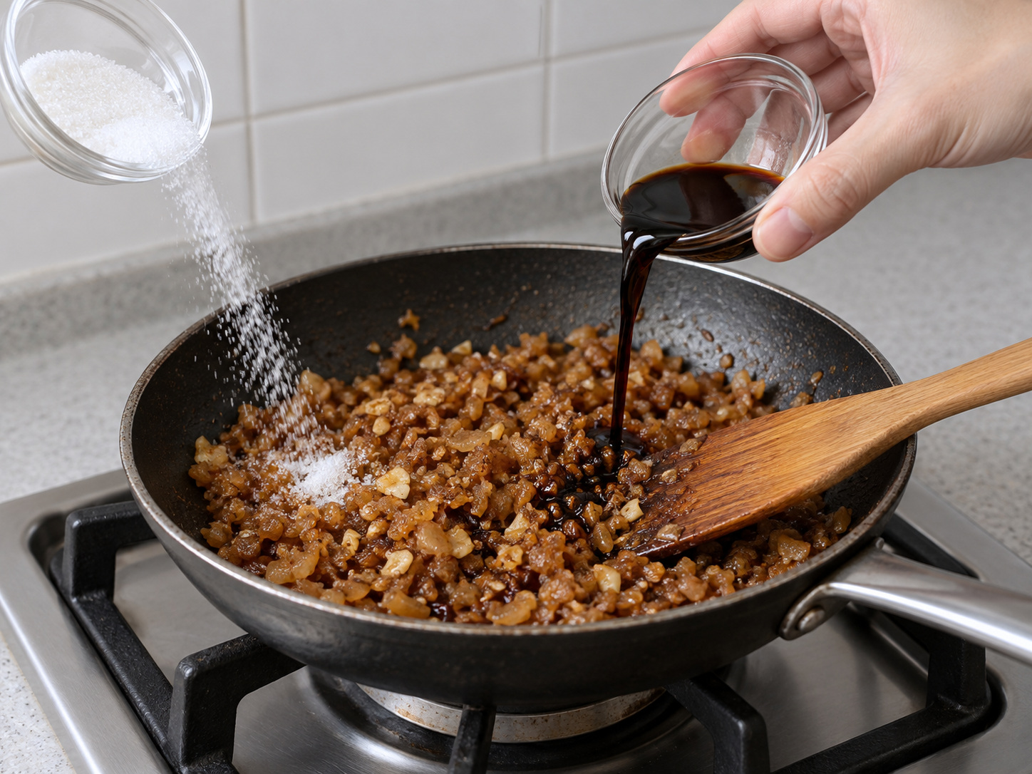 Singapore Chwee Kueh na may Preserved Radish — 11. Idagdag ang asukal at dark soy sauce at igisa nang 2 minuto hanggang pantay ang kulay