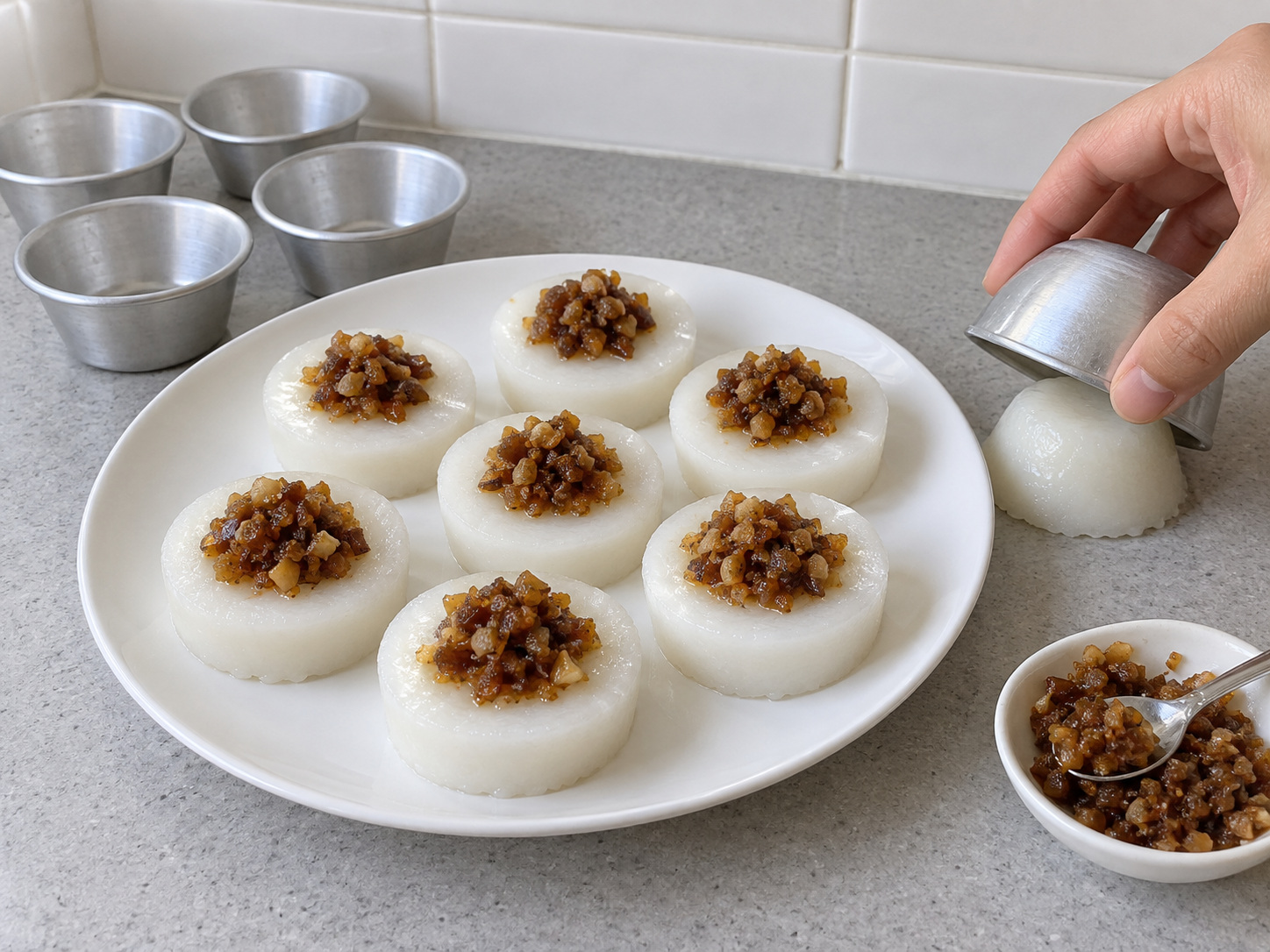 Singapore Chwee Kueh na may Preserved Radish — 12. Palamigin ang rice cakes nang 5 minuto
