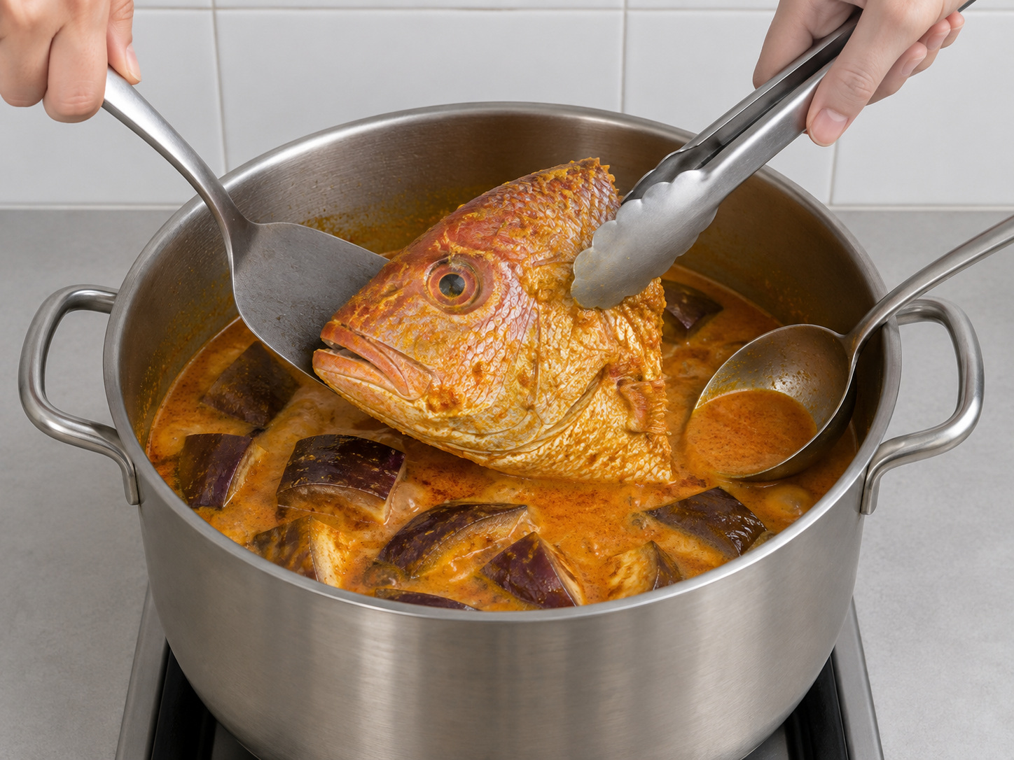 Kari Kepala Ikan Singapura — 8. Masukkan kepala ikan dengan hati-hati lalu siram kuah kari di atasnya