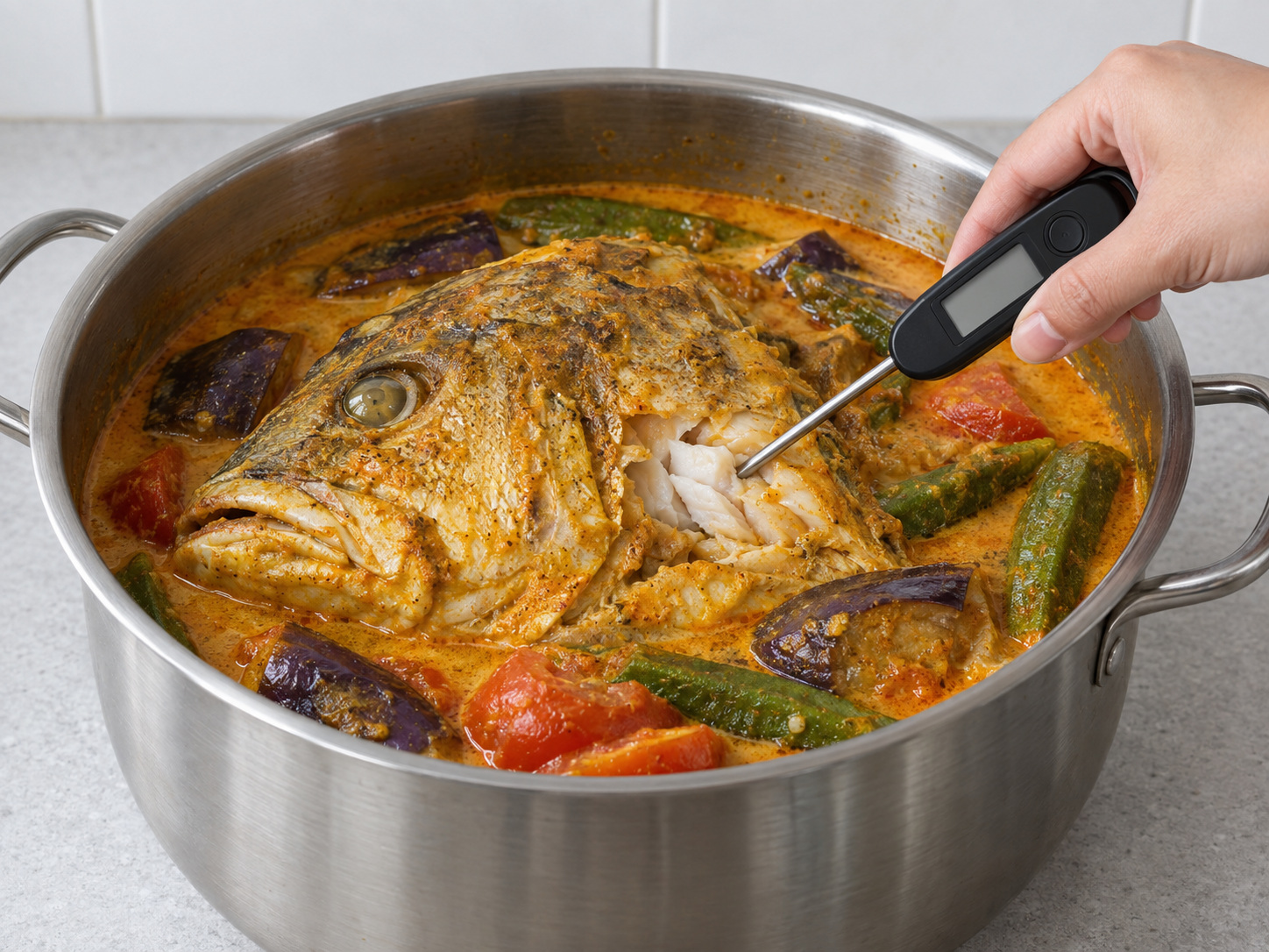 Kari Kepala Ikan Singapura — 11. Pastikan daging paling tebal mencapai sedikitnya 63°C