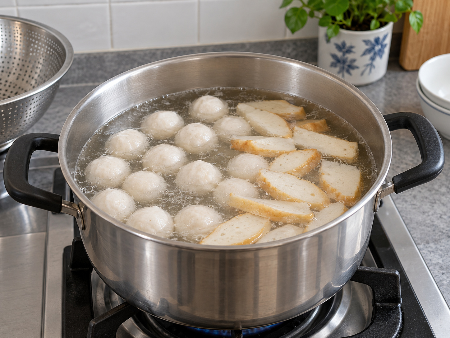 Singapore Fishball Mee Pok — Pakuluan ang tubig at idagdag ang fishballs at fish cake