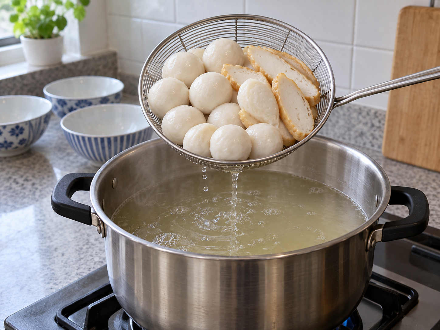 Singapore Fishball Mee Pok — Hanguin ang fishballs at fish cake; itabi ang sabaw