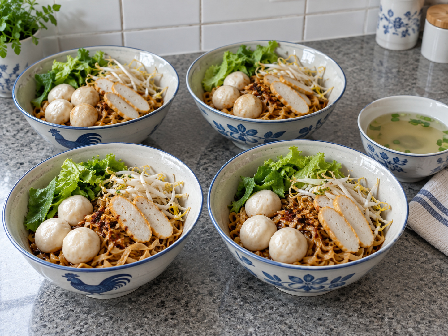 Singapore Fishball Mee Pok — Haluin ang pansit at ilagay ang fishballs, fish cake at gulay