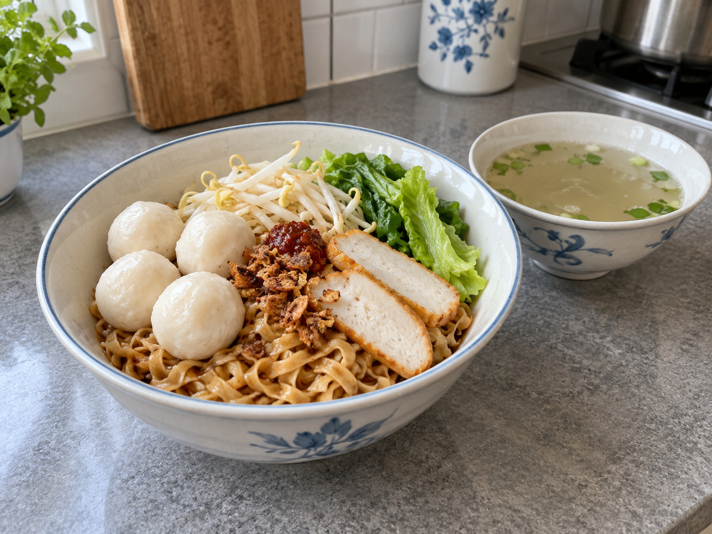 Singapore Fishball Mee Pok — Ihain nang hiwalay ang mainit na sabaw at tuyong pansit