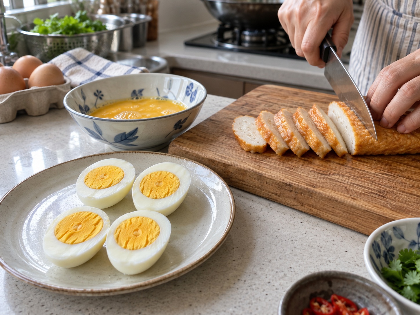 Mi Kuah Kental Singapura — Masak telur dan pelengkap