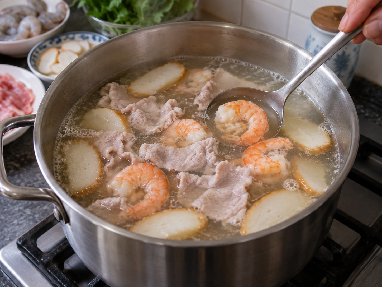 Mi Kuah Kental Singapura — Masak babi dan udang