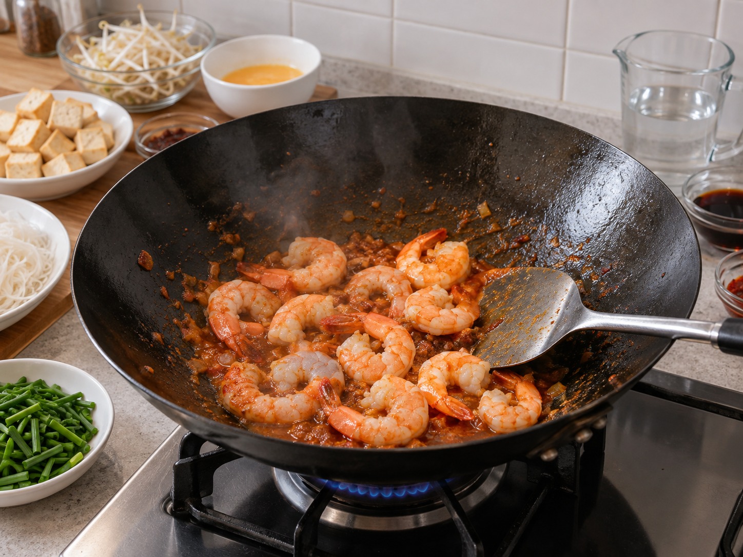 Mee Siam Singapura — Masukkan udang hingga merah muda