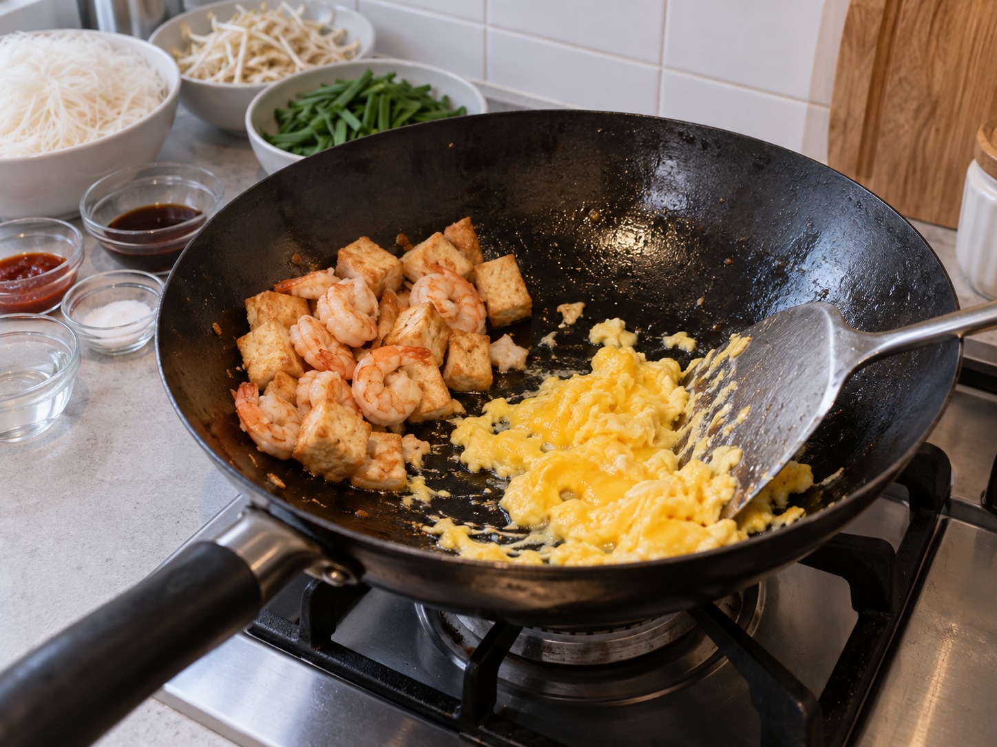 Mee Siam Singapura — Sisihkan tahu dan udang lalu orak-arik telur