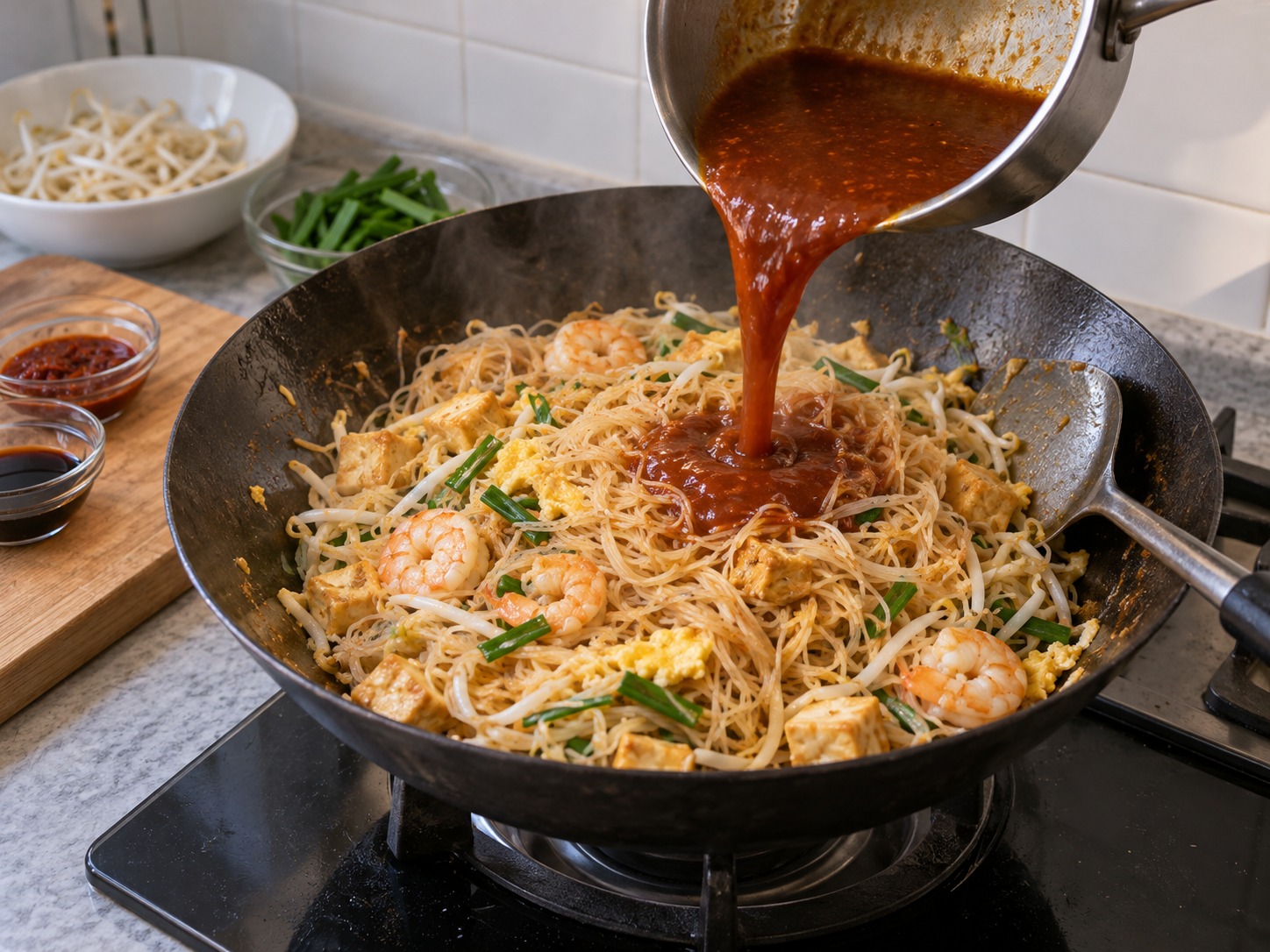Mee Siam Singapura — Tuang saus dan biarkan bihun menyerap
