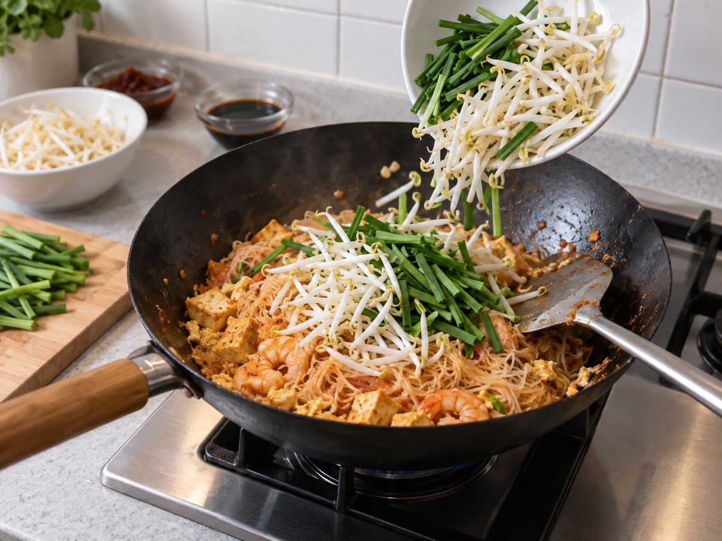 Mee Siam Singapura — Masukkan tauge dan kucai