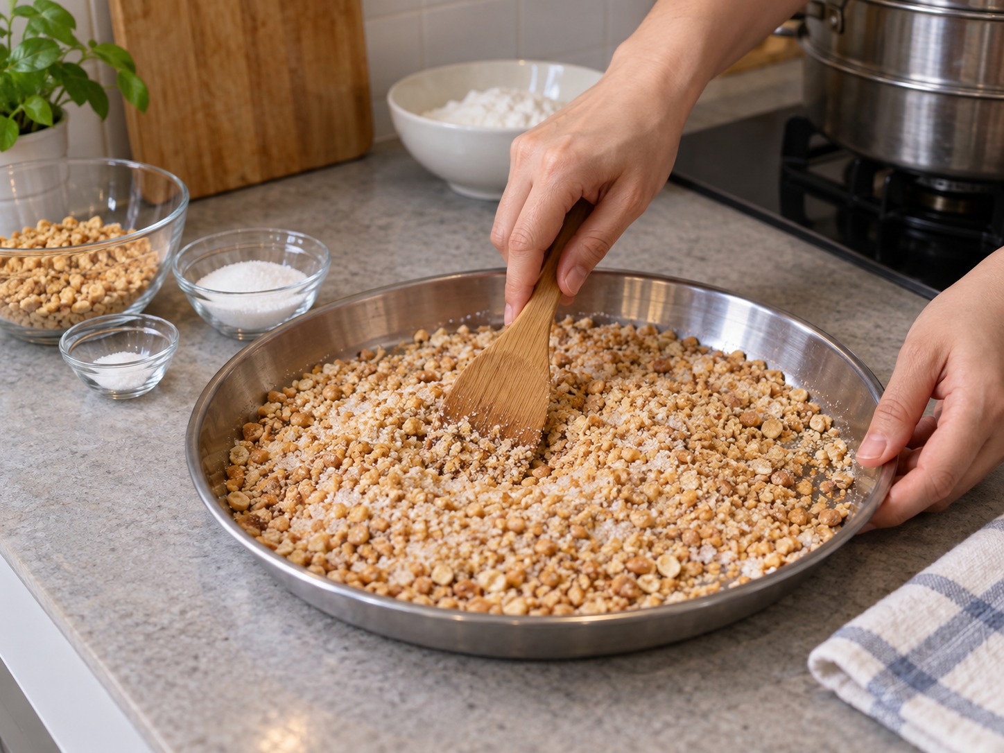 Singapore Muah Chee Peanut Rice Cake — Mix peanuts, sugar and salt and spread on a wide tray