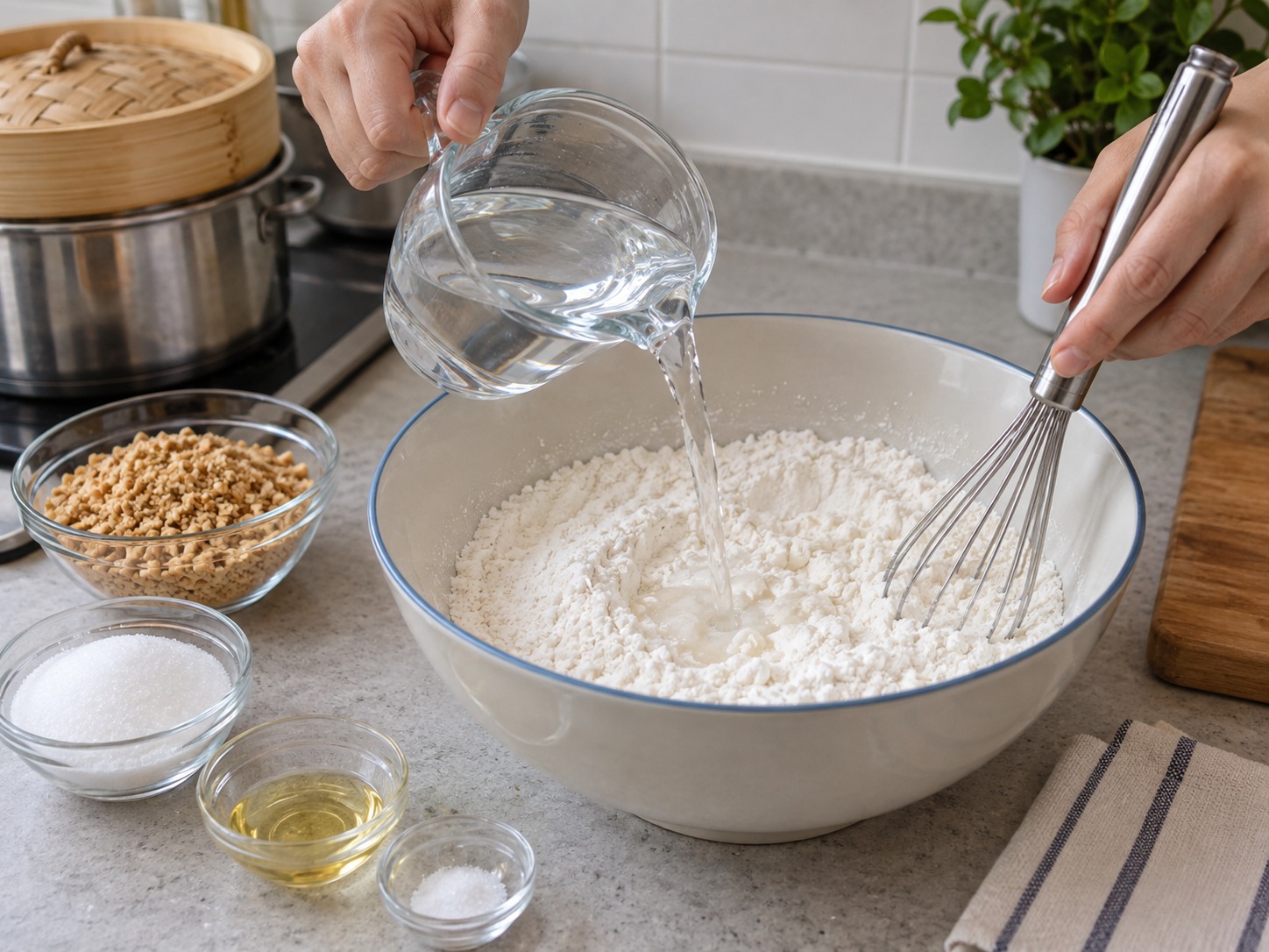 Singapore Muah Chee Peanut Rice Cake — Put flour in a bowl and gradually add 320 ml water
