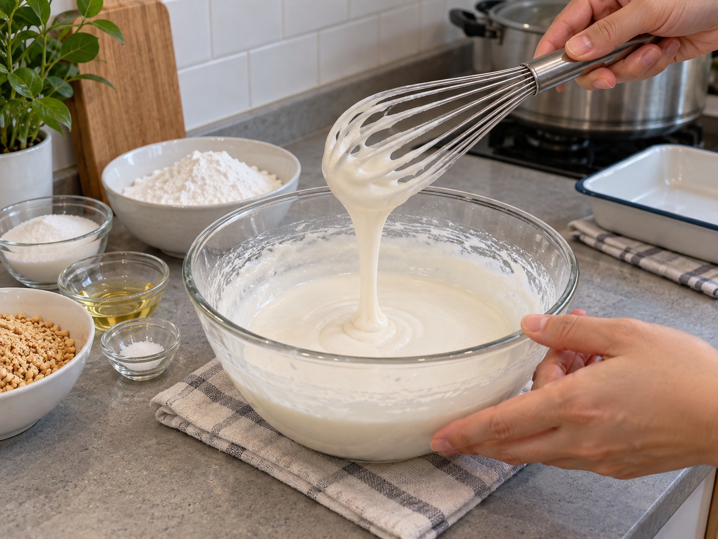Singapore Muah Chee Peanut Rice Cake — Whisk into a thick, slowly flowing, lump-free batter