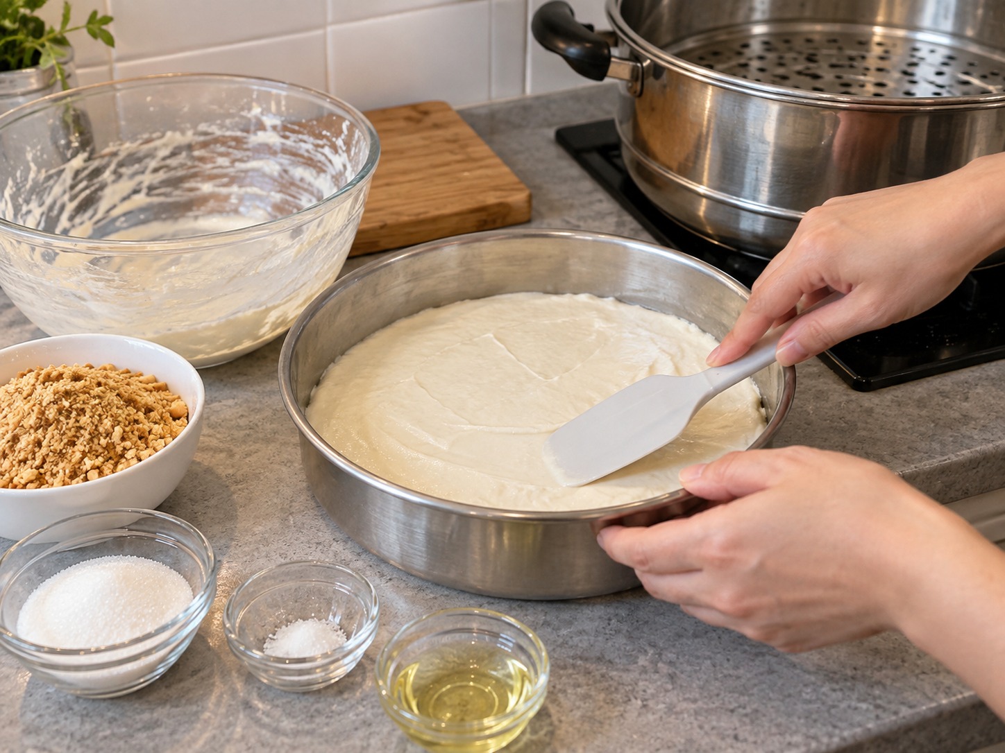 Singapore Muah Chee Peanut Rice Cake — Oil a steaming dish with one tablespoon and level in the batter