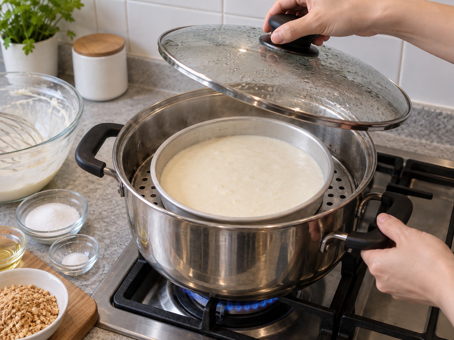 Singapore Muah Chee Peanut Rice Cake — Set over strong steam, cover and steam twenty minutes