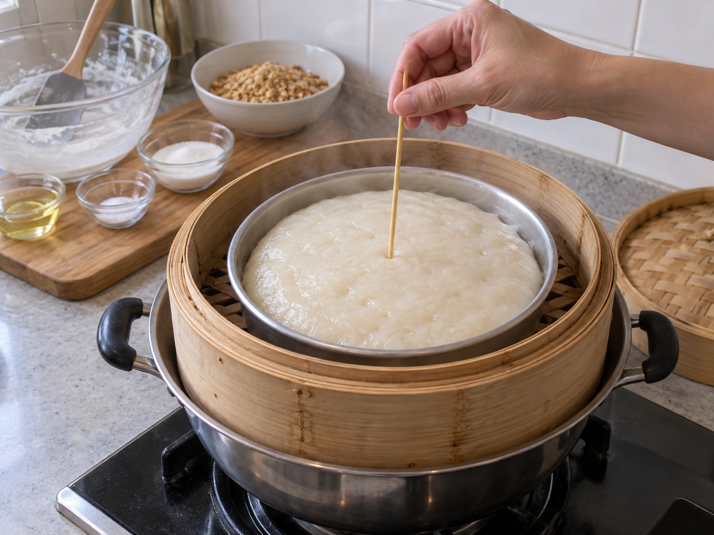 Singapore Muah Chee Peanut Rice Cake — Remove when a skewer inserted centrally has no raw batter