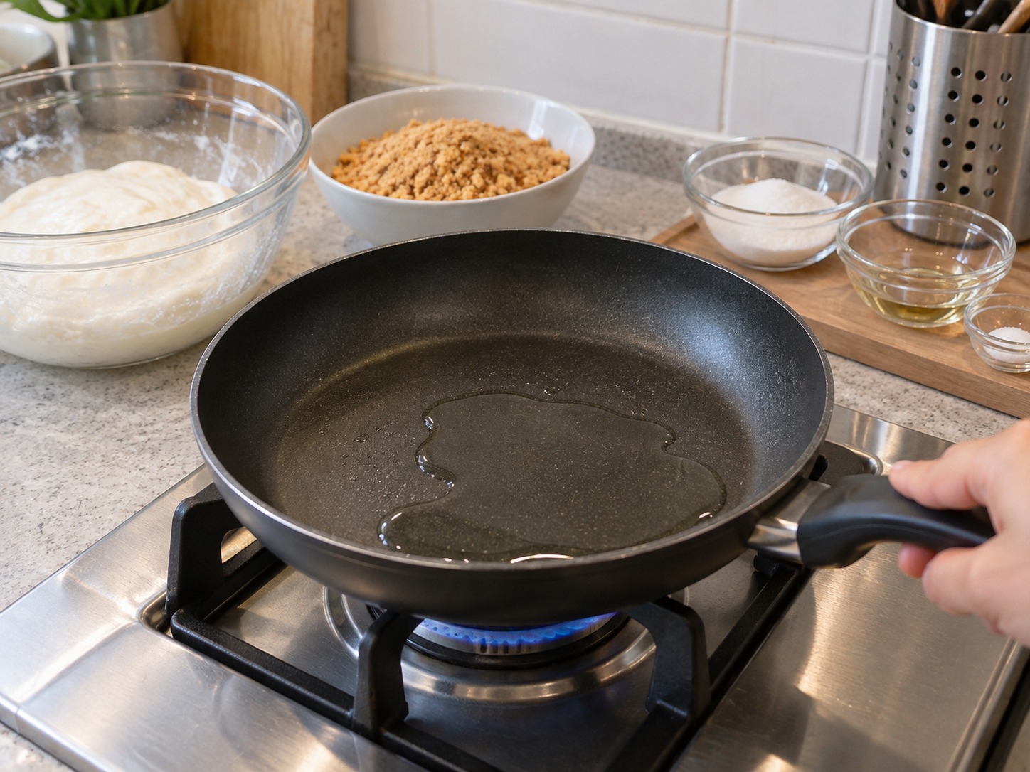 Singapore Muah Chee Peanut Rice Cake — Heat the remaining tablespoon oil gently in a nonstick pan