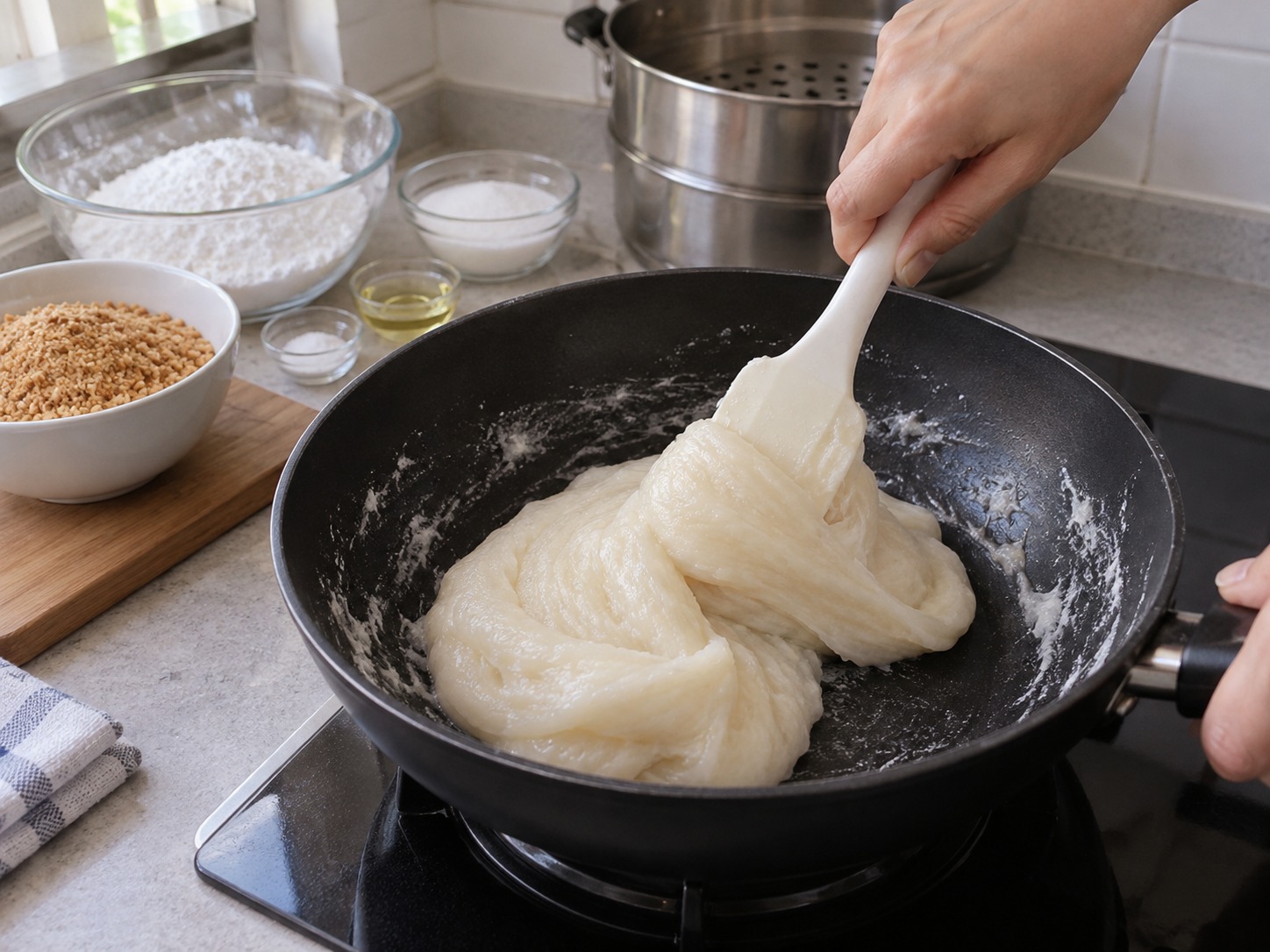 Singapore Muah Chee Peanut Rice Cake — Scrape hot dough into the pan and repeatedly fold with a spatula