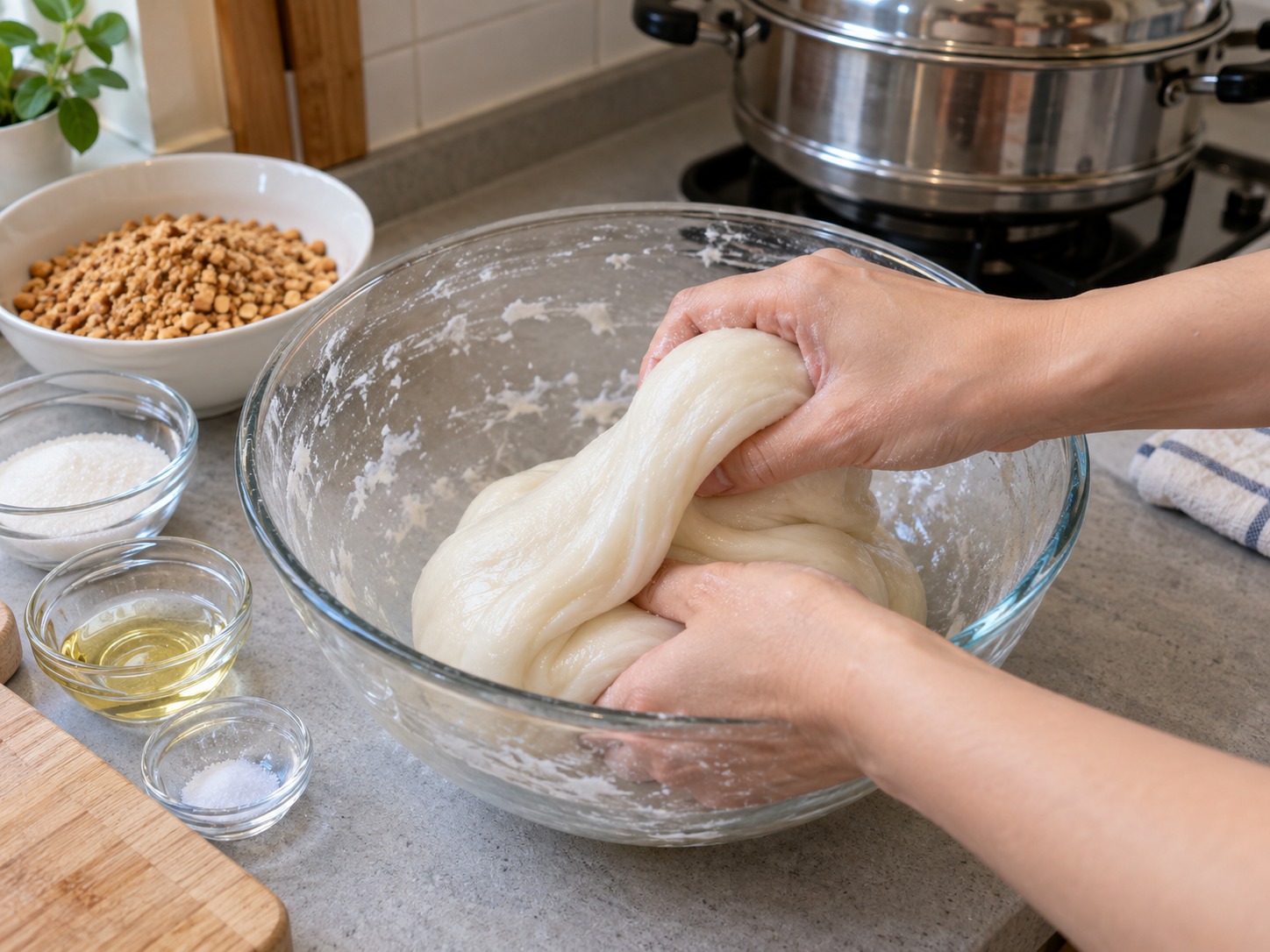 Singapore Muah Chee Peanut Rice Cake — Fold three to five minutes until smooth and elastic