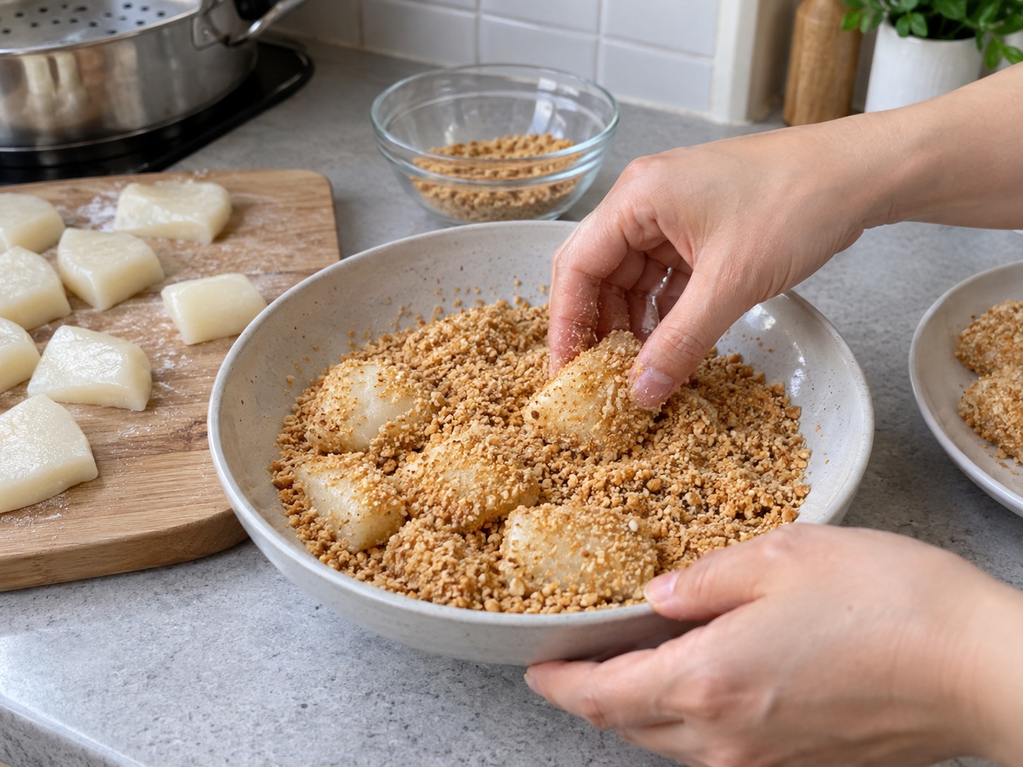 Singapore Muah Chee Peanut Rice Cake — Coat every piece immediately so they do not stick together