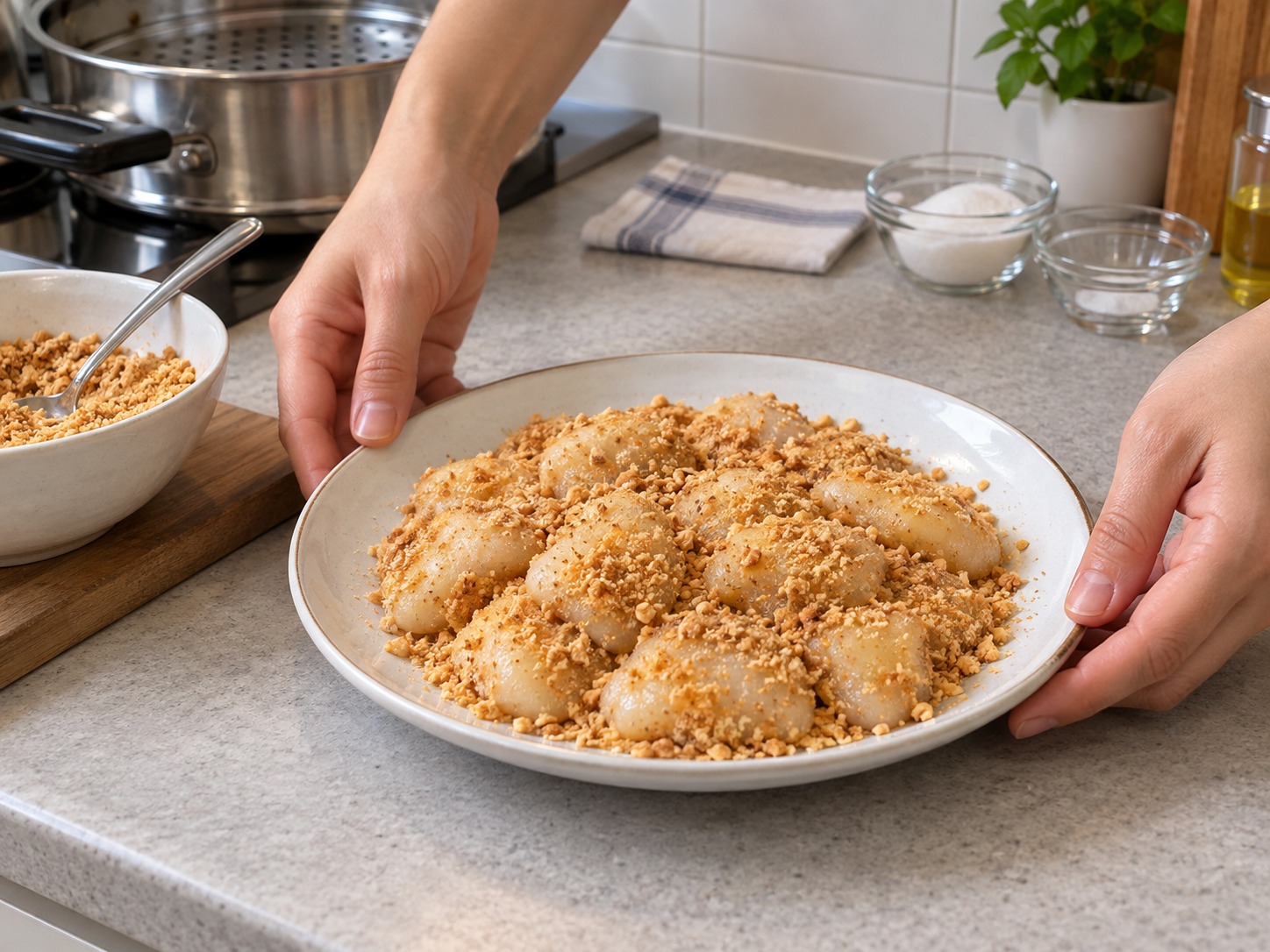 Singapore Muah Chee Peanut Rice Cake — Spread on a plate, rest two minutes and serve warm and soft