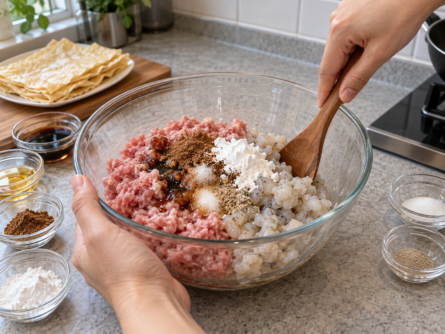 新加坡五香腐皮肉卷 Ngoh Hiang — 豬肉、蝦、五香粉、生抽、麻油、糖、白胡椒和粟粉放入大碗