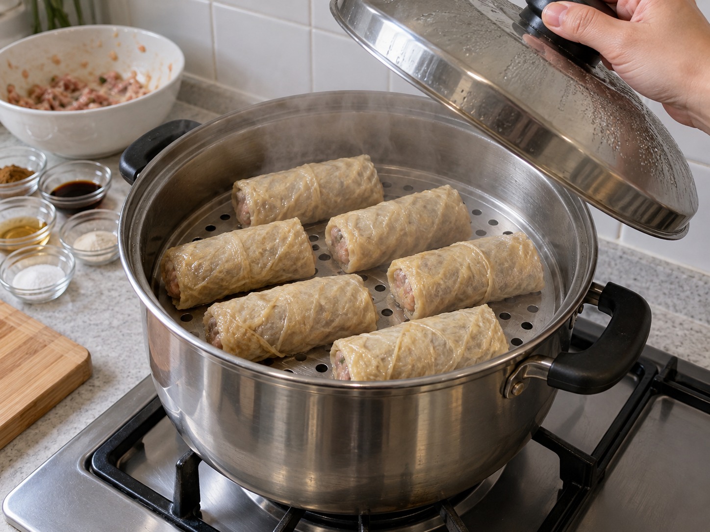 新加坡五香腐皮肉卷 Ngoh Hiang — 接縫向下中火蒸十五至十八分鐘，中心至少七十五度