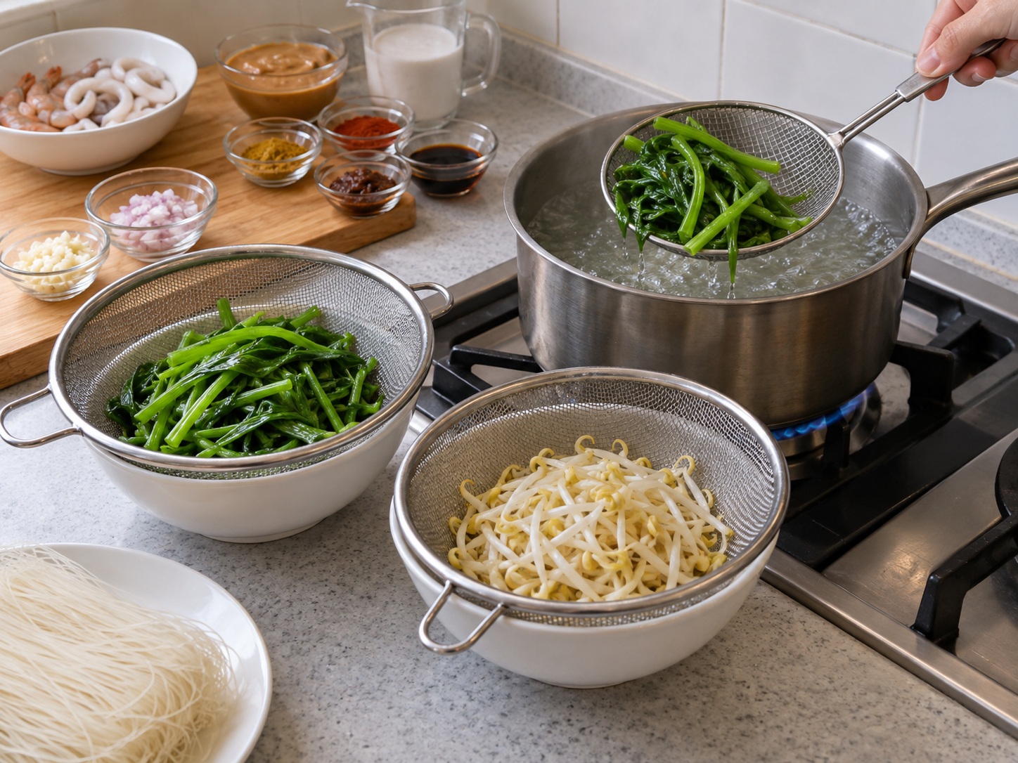 Singapore Satay Bee Hoon — Blanch vegetables